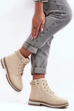 Damskie Skórzane Trapery Ocieplane Beżowe Bimena