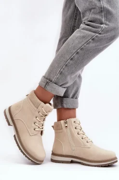 Damskie Skórzane Trapery Ocieplane Beżowe Bimena