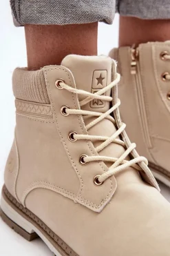 Damskie Skórzane Trapery Ocieplane Beżowe Bimena