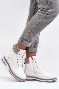 Damskie Skórzane Trapery Ocieplane Białe Katalis