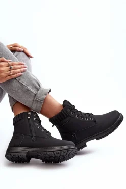 Damskie Skórzane Trapery Ocieplane Czarne Katalis