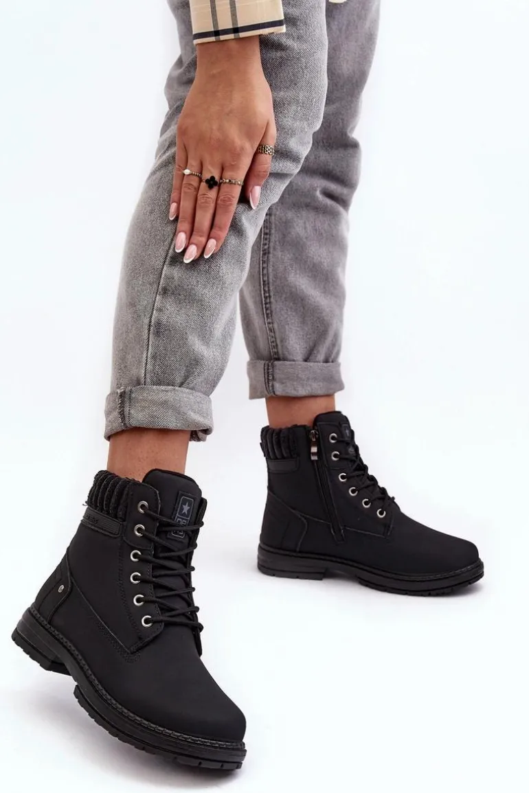 Damskie Skórzane Trapery Ocieplane Czarne Katalis