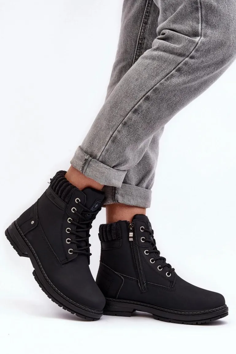 Damskie Skórzane Trapery Ocieplane Czarne Katalis