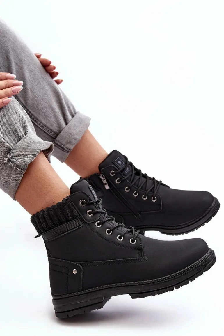 Damskie Skórzane Trapery Ocieplane Czarne Katalis