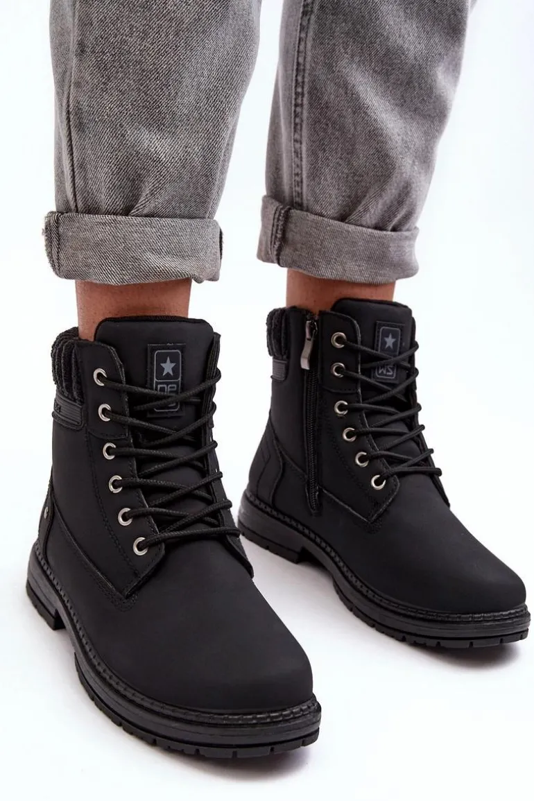 Damskie Skórzane Trapery Ocieplane Czarne Katalis