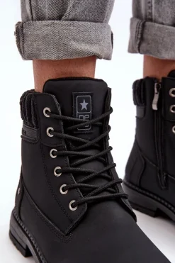 Damskie Skórzane Trapery Ocieplane Czarne Katalis