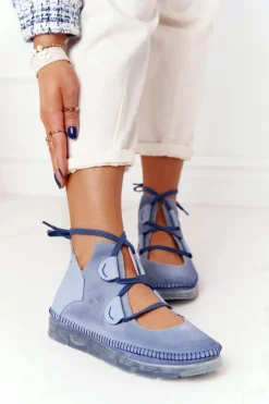 Damskie Skórzane Trzewiki Maciejka Niebieskie 04457-06