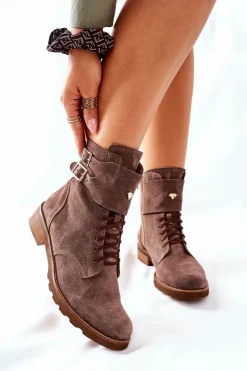 Damskie Skórzane Welurowe Botki Nicole 2682 Brązowe