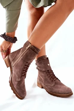 Damskie Skórzane Welurowe Botki Nicole 2682 Brązowe