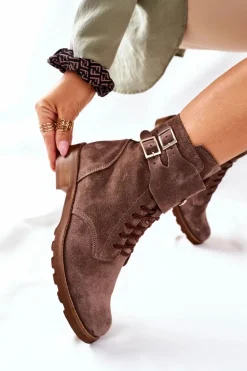 Damskie Skórzane Welurowe Botki Nicole 2682 Brązowe