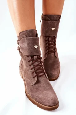 Damskie Skórzane Welurowe Botki Nicole 2682 Brązowe