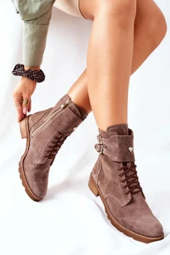 Damskie Skórzane Welurowe Botki Nicole 2682 Brązowe