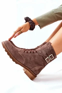 Damskie Skórzane Welurowe Botki Nicole 2682 Brązowe