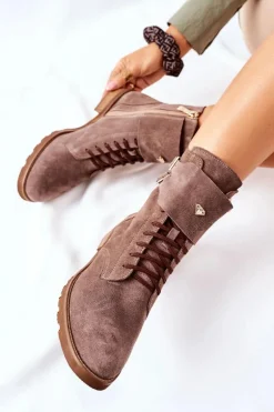 Damskie Skórzane Welurowe Botki Nicole 2682 Brązowe