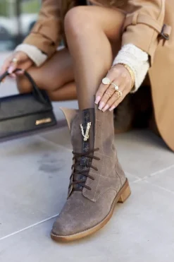 Damskie Skórzane Welurowe Botki Trzewiki Nicole Brązowe 2581/032