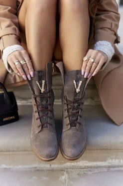 Damskie Skórzane Welurowe Botki Trzewiki Nicole Brązowe 2581/032