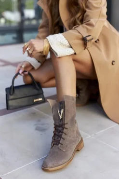 Damskie Skórzane Welurowe Botki Trzewiki Nicole Brązowe 2581/032