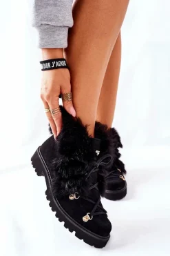 Damskie Skórzane Welurowe Botki Nicole Czarne 2680/028