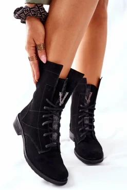 Damskie Skórzane Welurowe Botki Trzewiki Nicole Czarne 2581/028