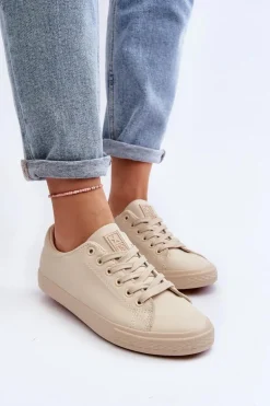 Damskie Skórzane Wiązane Klasyczne Trampki Beżowe Misima