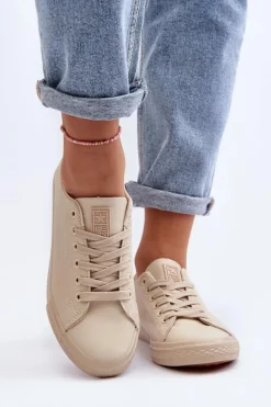 Damskie Skórzane Wiązane Klasyczne Trampki Beżowe Misima