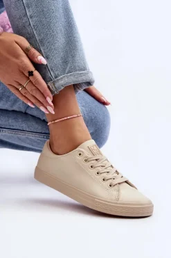 Damskie Skórzane Wiązane Klasyczne Trampki Beżowe Misima