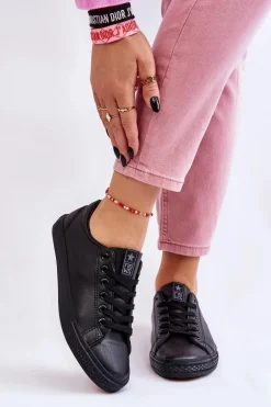 Damskie Skórzane Wiązane Klasyczne Trampki Czarne Misima