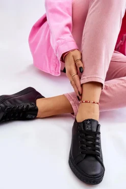 Damskie Skórzane Wiązane Klasyczne Trampki Czarne Misima