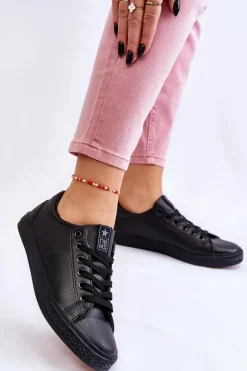 Damskie Skórzane Wiązane Klasyczne Trampki Czarne Misima