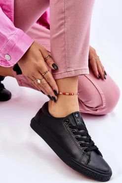 Damskie Skórzane Wiązane Klasyczne Trampki Czarne Misima