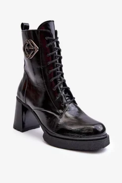 Damskie Skórzane Wysokie Botki Na Słupku Czarne Lemar Danel