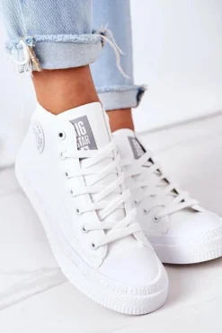 Damskie Skórzane Wysokie Trampki Big Star GG274016 Białe