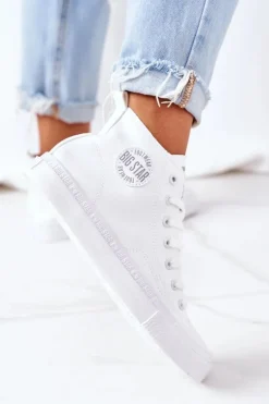 Damskie Skórzane Wysokie Trampki Big Star GG274016 Białe
