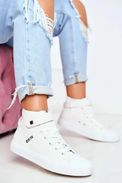 Damskie Skórzane Wysokie Trampki BIG STAR V274541 Białe