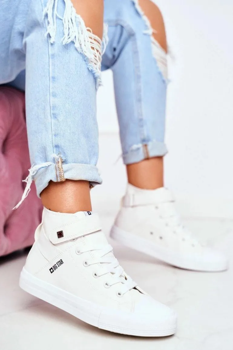 Damskie Skórzane Wysokie Trampki BIG STAR V274541 Białe