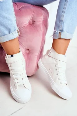 Damskie Skórzane Wysokie Trampki BIG STAR V274541 Białe