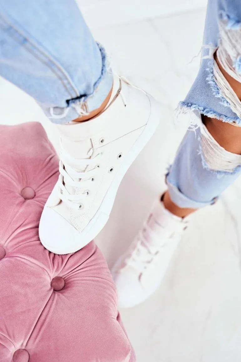 Damskie Skórzane Wysokie Trampki BIG STAR V274541 Białe