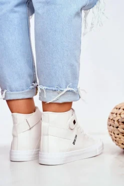 Damskie Skórzane Wysokie Trampki BIG STAR V274541 Białe