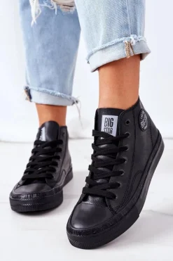 Damskie Skórzane Wysokie Trampki Big Star GG274015 Czarne