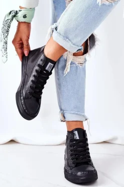 Damskie Skórzane Wysokie Trampki Big Star GG274015 Czarne