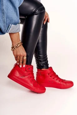 Damskie Skórzane Wysokie Trampki BIG STAR V274529 Czerwone