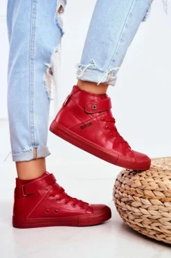 Damskie Skórzane Wysokie Trampki BIG STAR V274529 Czerwone