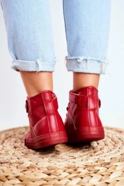 Damskie Skórzane Wysokie Trampki BIG STAR V274529 Czerwone