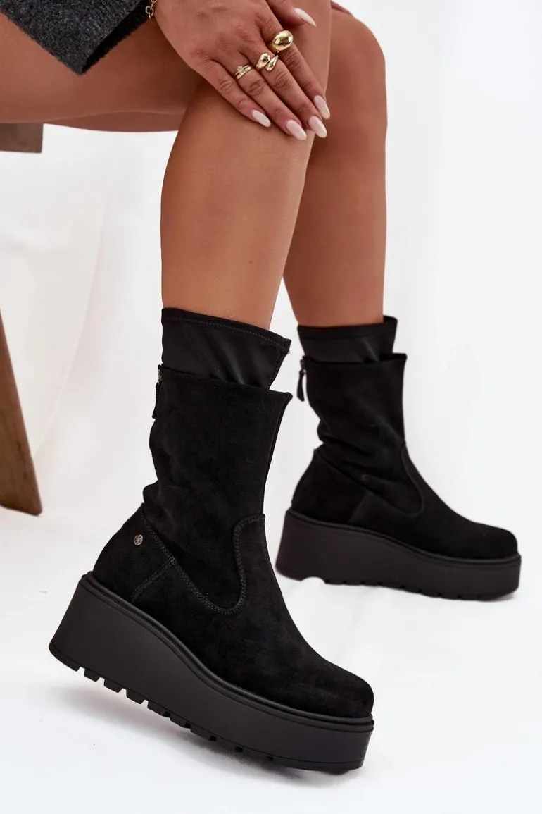 Damskie Skórzane Zamszowe Botki Na Masywnej Platformie Maciejka A7161-20 Czarne