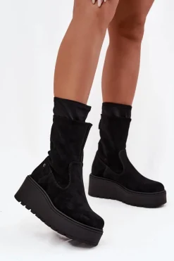 Damskie Skórzane Zamszowe Botki Na Masywnej Platformie Maciejka A7161-20 Czarne