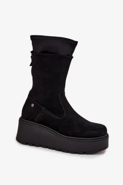Damskie Skórzane Zamszowe Botki Na Masywnej Platformie Maciejka A7161-20 Czarne
