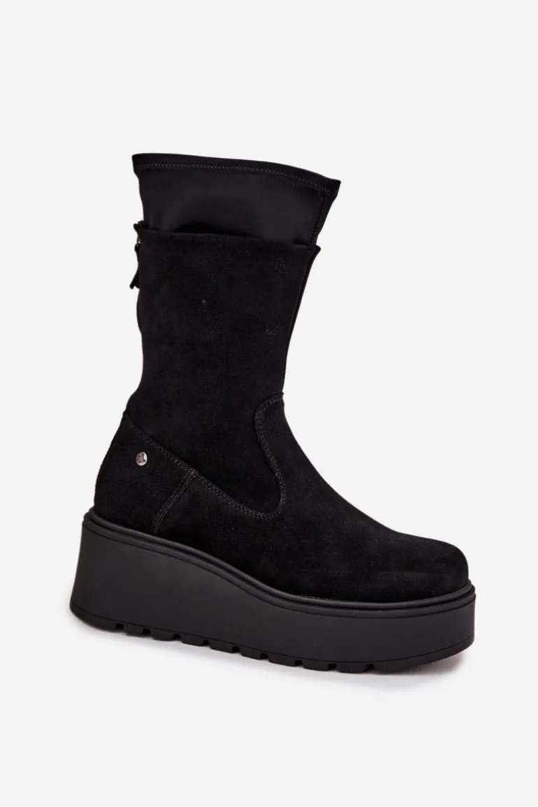 Damskie Skórzane Zamszowe Botki Na Masywnej Platformie Maciejka A7161-20 Czarne