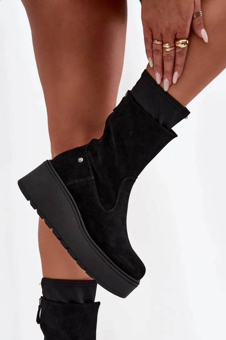 Damskie Skórzane Zamszowe Botki Na Masywnej Platformie Maciejka A7161-20 Czarne