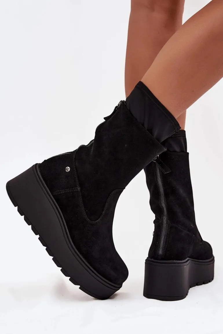 Damskie Skórzane Zamszowe Botki Na Masywnej Platformie Maciejka A7161-20 Czarne
