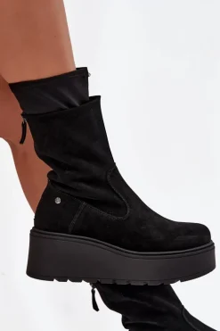 Damskie Skórzane Zamszowe Botki Na Masywnej Platformie Maciejka A7161-20 Czarne